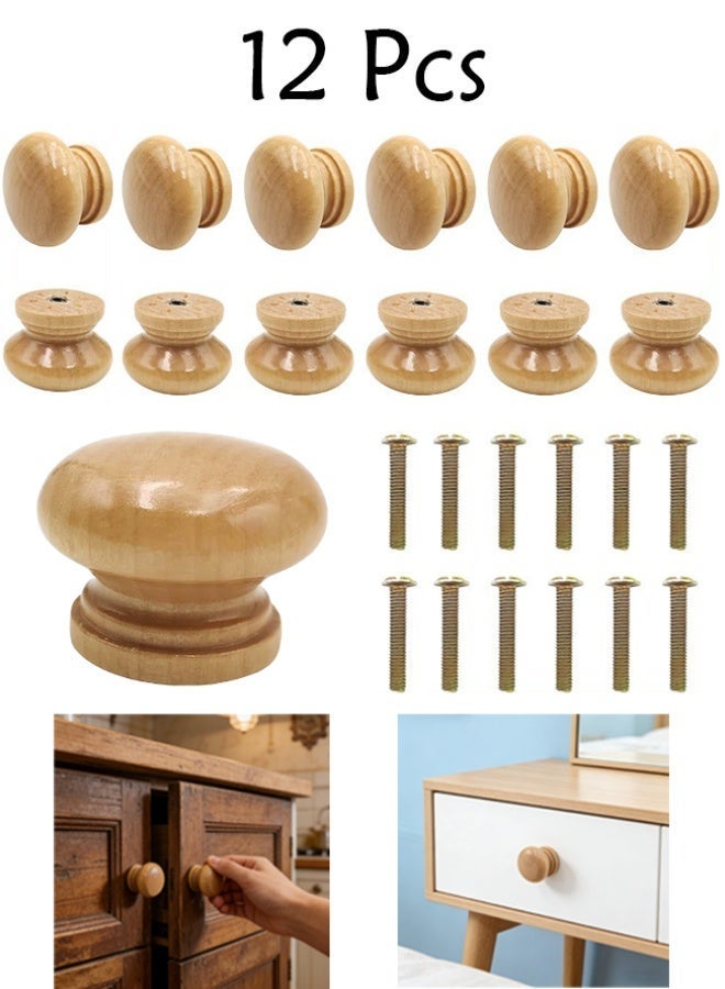 Round Wood Cabinet Knobs, Mushroom Shape Wooden Pulls, Knobs for Drawer Dresser Cupboard Wardrobe Mushroom Shape (12pcs, Diameter: 1.34 Inch, Height: 1 Inch) - Image 1